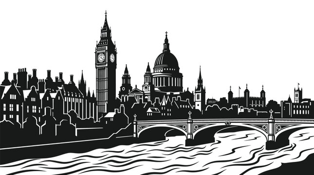 Black and white vector illustration of the iconic London skyline featuring big ben and st pauls cathedral rendered in a clean minimalist flat graphic design style for modern creative projects