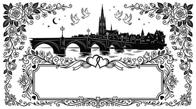 Elegant black and white vector illustration featuring a romantic cityscape with a stone bridge and medieval church framed by intricate rose floral borders and flying doves for a wedding invitation.