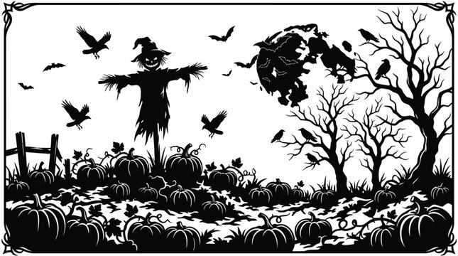 Spooky halloween vector illustration featuring a creepy scarecrow standing in a dark pumpkin patch with flying bats and barren trees under a full moon in a classic black white style