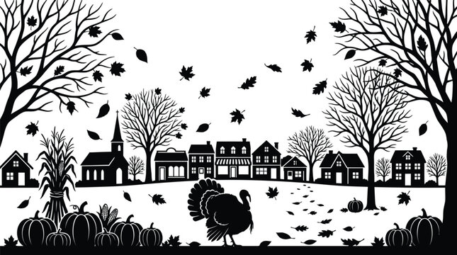 Detailed vector illustration of a festive thanksgiving scene showcasing a turkey standing in a rural village landscape with falling autumn leaves and pumpkins arranged in a clean black and white.