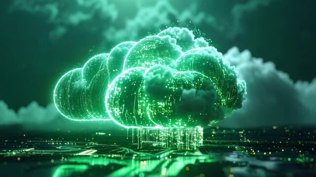 Green glowing cloud computing concept with digital network connections