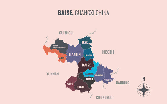 A map showing baise guangxi Prefacture into County in a minimalist colorful style