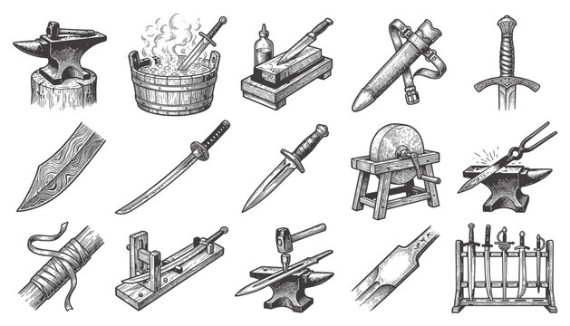 Blacksmith tools and weapons collection for forging and metalwork transparent vector illustration.