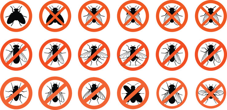 Collection of anti fly pest control prohibition signs and stop insect icons isolated on white background for hygiene design.