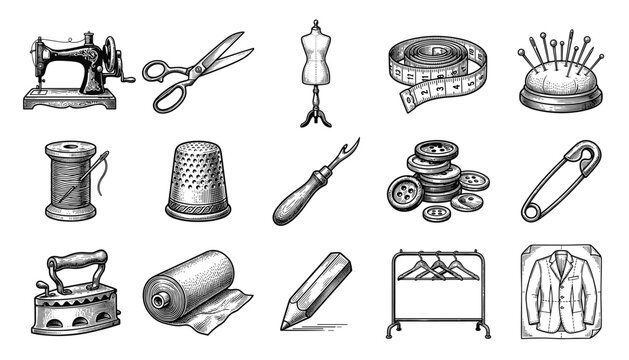 Vintage sewing and tailoring tools on transparent background vector illustration.