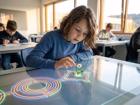 Young curious student working on math 
problem on interactive surface as a small 
flower blooms at the exact point of 
logical error instead of a red mark