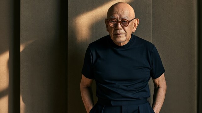 A senior Asian man wearing stylish glasses and a black outfit exudes charisma in a contemporary indoor setting. Ideal for fashion, lifestyle, or senior empowerment campaigns and projects focusing on