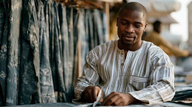 Nigerian textile artist cutting adire fabric beside a rack of completed indigo-dyed garments at a vibrant outdoor market, buyers fingering the cloth edges, harsh midday sun