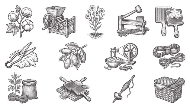 Vintage textile production equipment and raw materials on transparent background, vector set, linen and cotton processing.