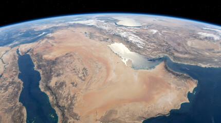Arabian Peninsula and Strait of Hormuz Viewed from Space   High-resolution satellite-style view of the Arabian Peninsula from Earth orbit, featuring Saudi Arabia, the Persian Gulf, the Gulf of Oman © Abdelrahman