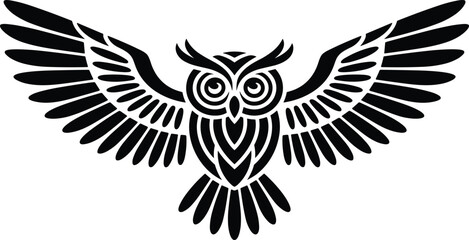Fototapeta premium Black and white owl bird graphic with wings spread