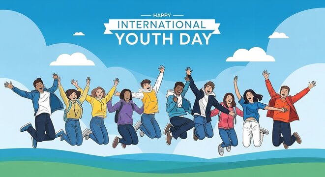 Diverse group of young people jumping celebrating international youth day