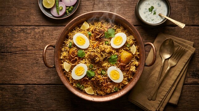 Authentic hyderabadi biryani traditional indian rice dish with boiled eggs raita