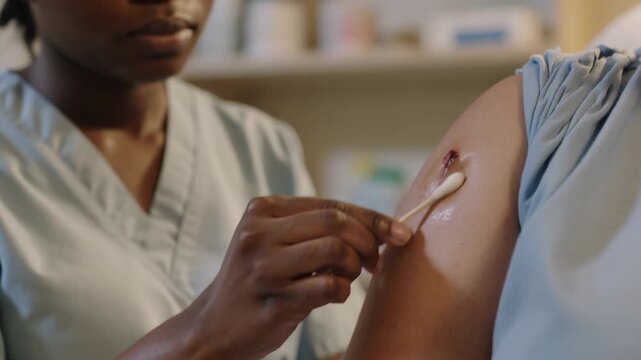 Pulling up sleeve female nurse in scrubs cleaning preparing arm puncture in clinic with cotton swab