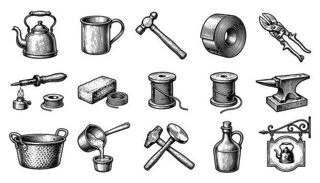 Set of vintage tools illustration isolated on transparent background vector hand drawn blacksmith and workshop equipment sketch collection.