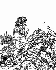 Fototapeta premium Woman hiking line art with city skyline, adventure minimalist vector illustration