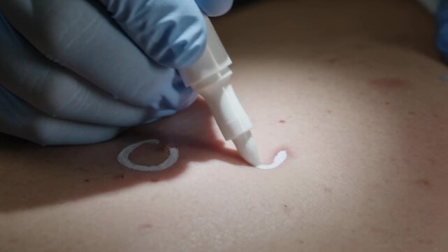 Lowering blue nitrile-gloved hand, pressing white tip and applying cream to treat lesion in clinic