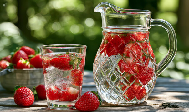 Fresh strawberry water in glass jug

