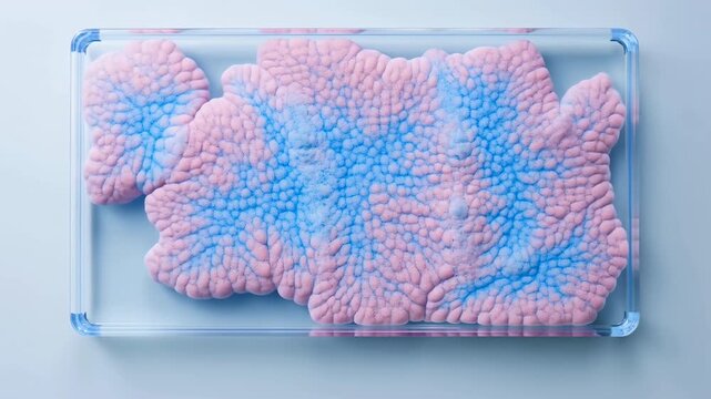 Top-down tray with pastel pink and blue cellular clusters under soft diffuse light