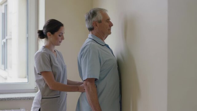 Guiding gray-scrub caregiver in clinic placing hands on patient back by beige wall, aiding balance