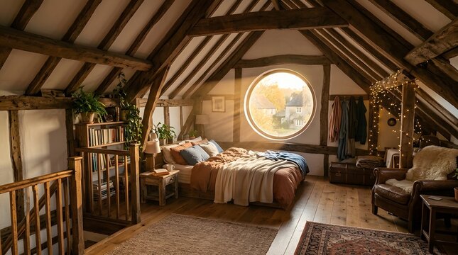 Rustic attic bedroom with circular window cozy farmhouse interior design concepts