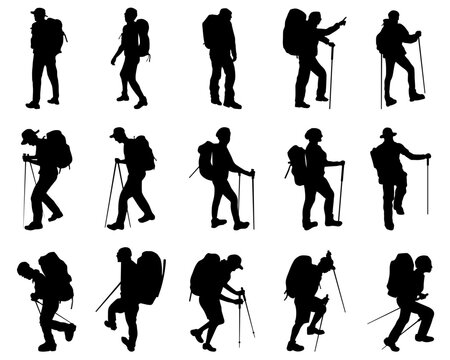 Set of silhouettes of hikers