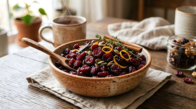 Cranberry orange relish in speckled ceramic bowl with wooden spoon