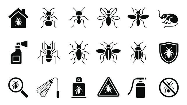 pest control glyph icon set featuring cockroaches, ants, rodents, sprayers, traps and warning signs for extermination services.
