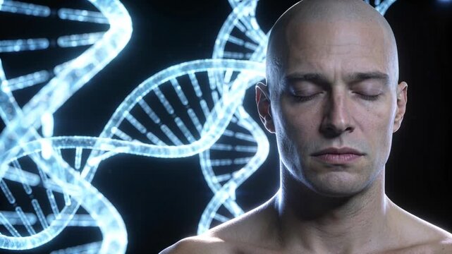 Sitting shirtless man studio breathing eyes shut while pulsing DNA causing twitches, copy space
