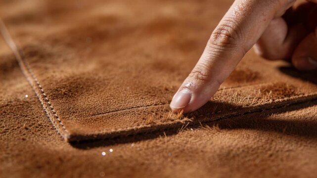 Pressing adult fingertip tracing stitched seam on studio table testing suede nap and showing specks
