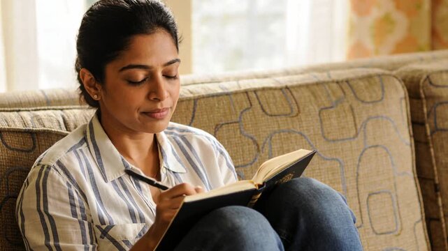 Looking down woman in striped shirt holding pen, taking notes in small notebook on patterned couch