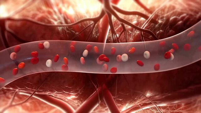 Translucent blood vessel interior with suspended red and white blood cells and shifting cellular