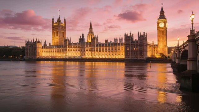 Dusk settling, mild breeze stirring River Thames, Elizabeth Tower, Palace of Westminster glowing