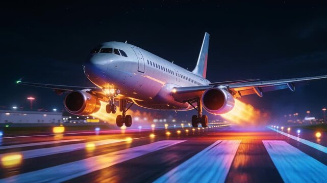 Descending twin-engine jet following approach lights to runway for landing, showing glowing engines