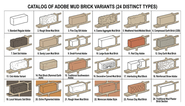 Catalog sheet of 24 distinct adobe mud brick variants showing different textures and types vector transparent.