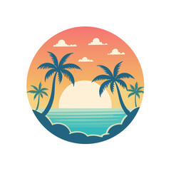 Obraz premium Tropical sunset beach scene with palm trees and ocean