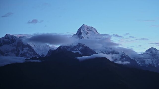 Nepal Mountains Scenery at Night, Poon Hill Viewpoint at Dawn with Amazing Dramatic Landscape of Big Tall High Snowcapped Mountain Tops and Summits, Annapurna South Peak while Trekking on Trek