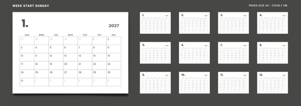 Set of 12 Pages Monthly Calendar Planner Templates on 2027 year. Vector mockup of a wall or desktop simple calendar organizer grid with the week starting on Sunday ready print. Page size A4 21x29.7 cm