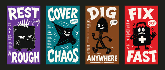 Fototapeta premium Set of four funny cartoon camping gear monster posters for outdoor adventure and hiking