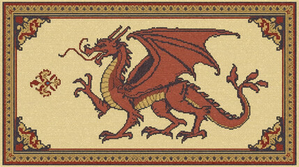 Fototapeta premium A detailed illustration of a mythical green dragon with orange wings, centered within a complex and ornate floral rectangular border.