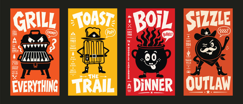 Retro Camping Mascot Posters with Cartoon Grill Toast Pot and Frying Pan Characters