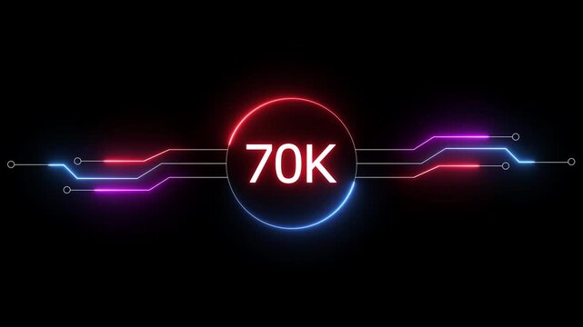 Neon social media followers or subscribers. Neon 70K celebration text animation background. on a black background. and creating a stunning 4k video.