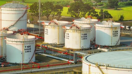 Fototapeta premium Overhead drone view of oil depot structures with pipelines and platforms, reflecting the importance of energy management systems in response to modern economic and environmental challenges. 