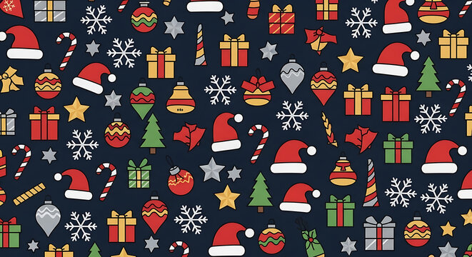 Festive christmas ornament pattern with santa hats gifts snowflakes and candy canes on a dark background