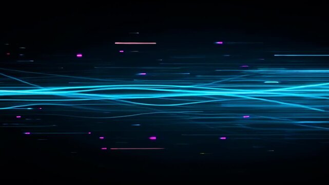 Sequence starting, neon cyan ribbon evolving across black field, magenta particles forming flow