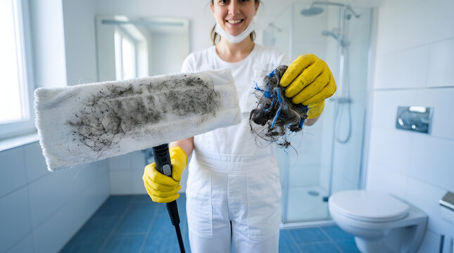Cleaner holding dust and mop isolated on transparent background view