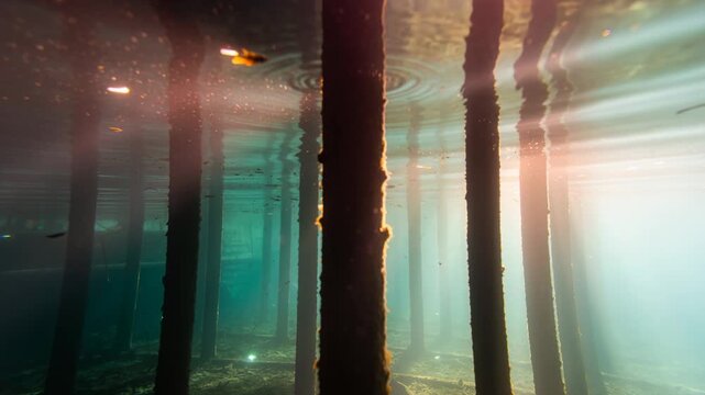 Streaming sunlight illuminating barnacled wooden pilings under pier, with particles, small fish