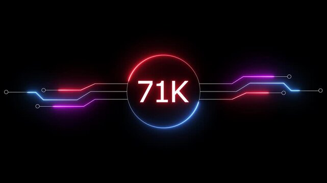 Neon social media followers or subscribers. Neon 71K celebration text animation background. on a black background. and creating a stunning 4k video.
