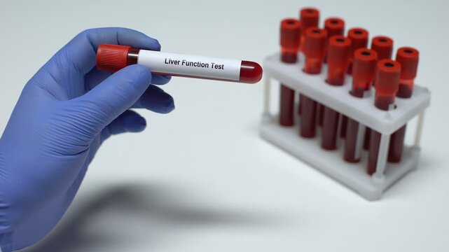 Close-up of a laboratory professional holding a blood sample tube labeled LFT (Liver Function Test). Concept of inflammation testing, diagnostic pathology, and laboratory medicine.