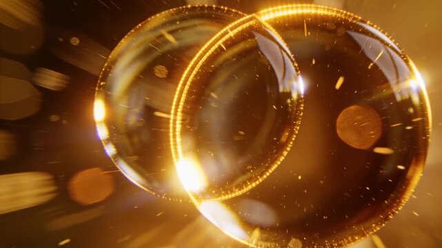 Glowing overlap sparking two glass golden rings on amber backdrop, creating celebratory golden glow
